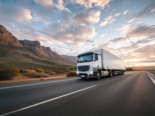 White truck driving on scenic mountain highway road trip sky cab open fast cargo speed travel motion