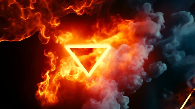 Abstract fire and smoke with a glowing triangle shape