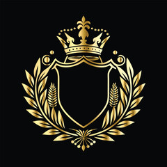 Obraz premium Golden heraldic shield with crown. Heraldic Coat of Arms decorative logo isolated vector illustration. Luxury golden laurel wreath heraldic emblem template vector illustration.Heraldic Coat of Arms de