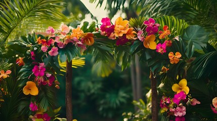 Fototapeta premium Floral Arch Wedding Decoration Outdoor Tropical Event Arrangement Concept