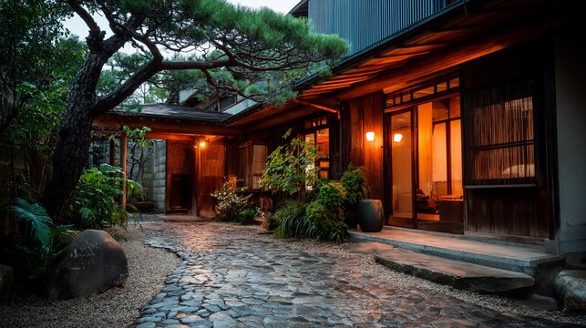 Tranquil Japanese Garden Home at Dusk