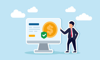 Businessman standing beside a laptop displaying dollar coins and a green check shield, illustration of presenting the importance of business financial insurance