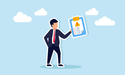 Businessman holding a warning sign board studying business rules and regulations illustration