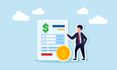 Businessman standing beside dollar coin and dollar-marked document, illustration of preparing corporate financial report