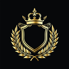 Golden heraldic shield with crown. Heraldic Coat of Arms decorative logo isolated vector illustration. Luxury golden laurel wreath heraldic emblem template vector illustration.Heraldic Coat of Arms de