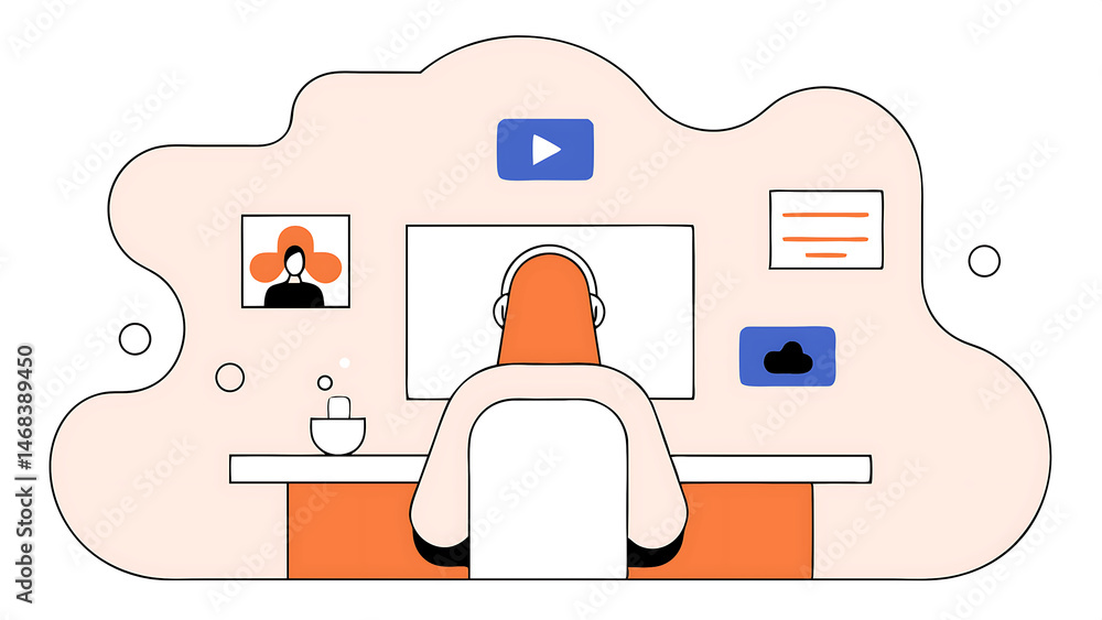 Poster backview of caucasian woman connecting to animated stream of content visualization of browsing metav