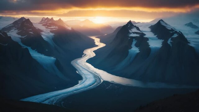 Twilight in a remote valley. Last rays of light on the peaks encircling the glacier. Summer in the untouched wilderness.