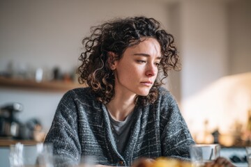Thoughtful young woman with curly hair sitting indoors pensively sad girl mood grey home eyes face