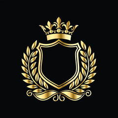 Fototapeta premium Golden heraldic shield with crown. Heraldic Coat of Arms decorative logo isolated vector illustration. Luxury golden laurel wreath heraldic emblem template vector illustration.Heraldic Coat of Arms de