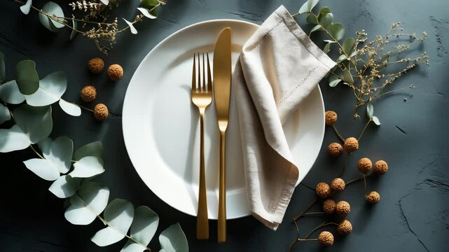 Chic table setup featuring cutlery and foliage, top-down perspective.