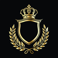 Obraz premium Golden heraldic shield with crown. Heraldic Coat of Arms decorative logo isolated vector illustration. Luxury golden laurel wreath heraldic emblem template vector illustration.Heraldic Coat of Arms de