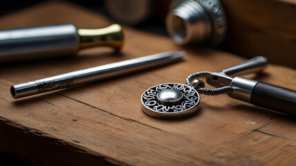 Jewelry tools next to half-crafted silver pendant 