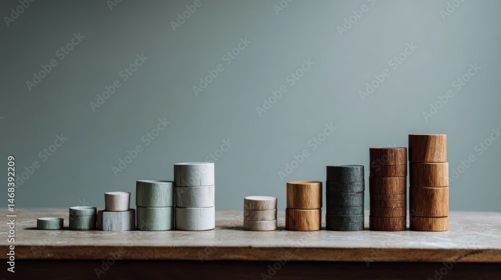 Poster wooden blocks stacked in ascending order showing growth concept data grey chart graph table brown