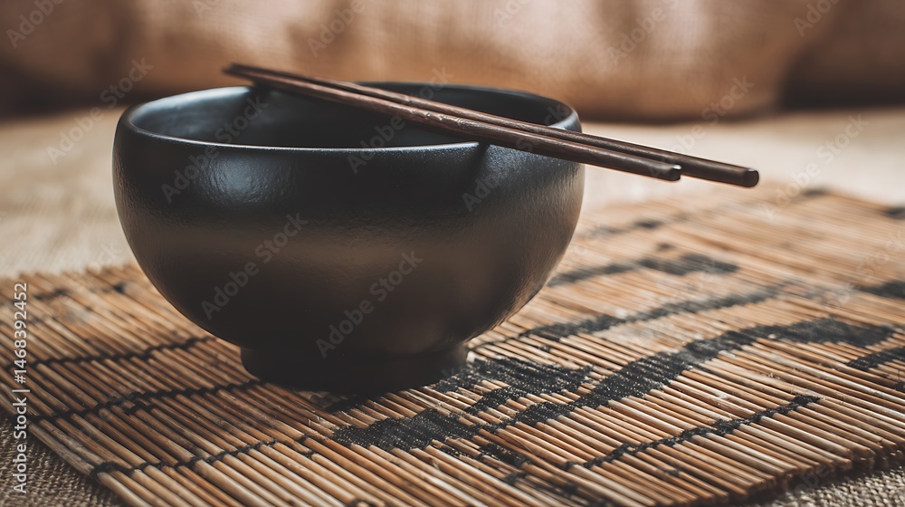 Poster a simple black bowl with chopsticks on a bamboo mat against a soft background