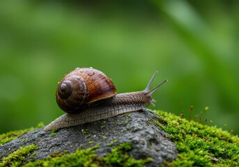 Close-Up Photograph of a Snail Crawling on a Mossy Rock in Nature's Green Environment with Raindrops and Soft Focus Background