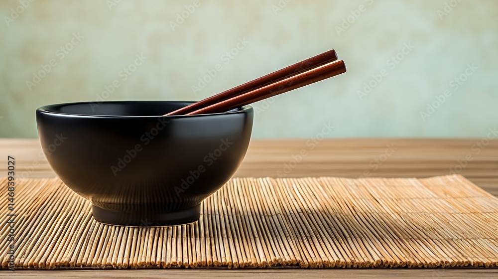 Poster a simple black bowl with chopsticks on a bamboo mat against a soft background