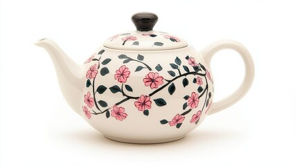 Blush blossom radiance concept, Elegant Floral Teapot with Pink Blossom Design on White Porcelain