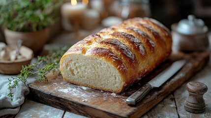 Freshly baked artisan bread loaf sliced on a wooden board