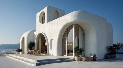 Fototapeta premium A single, story flat villa, with the facade material made of white micro cement, arched thermal break windows, and a terrace on the ground floor