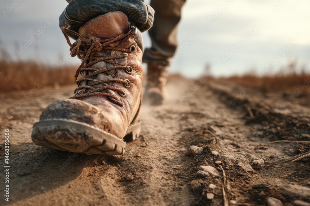 Poster boots navigating a dusty trail during an adventurous journey at sunset generative ai