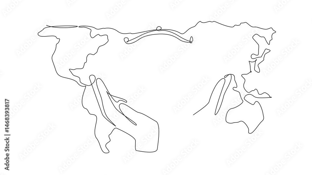 Aufkleber animation of one line drawing two hands holding the scale on the world map background. human effort 