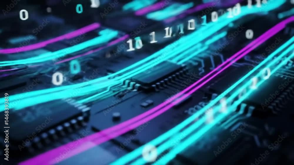 Poster futuristic circuit board with neon data streams