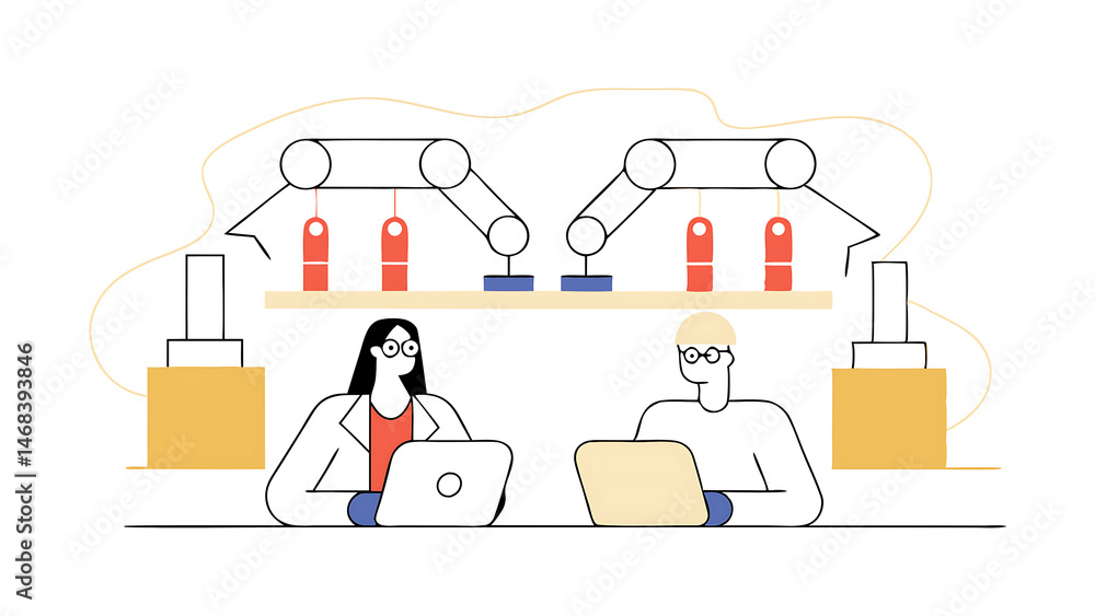 Poster female and male industrial engineers using laptop computer having a conversation at a modern tech el