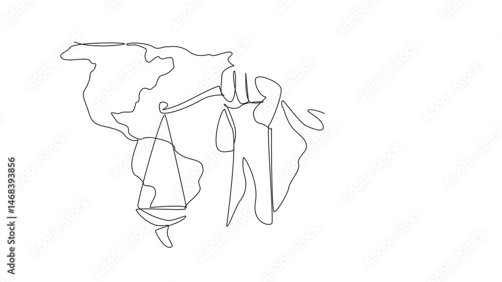 Poster self drawing animation of single continuous line drawing a scale of justice hold in hand with world 
