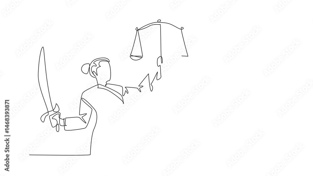 Aufkleber animated self drawing of continuous one line drawing themis holds a sword in one hand and holds scal