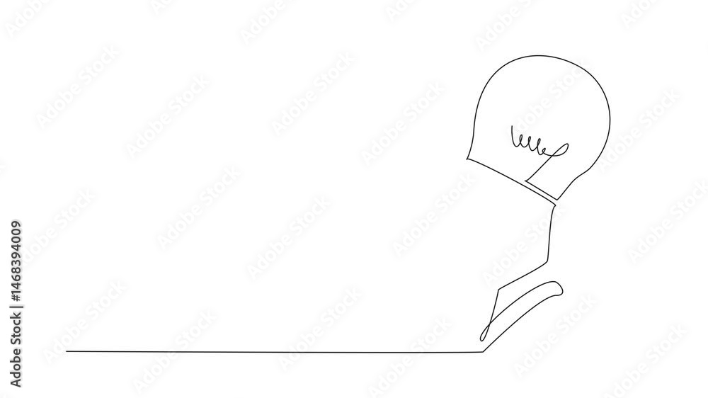 Poster animation of continuous one line drawing a head has half of its part replaced with a bulb lamp. a mi