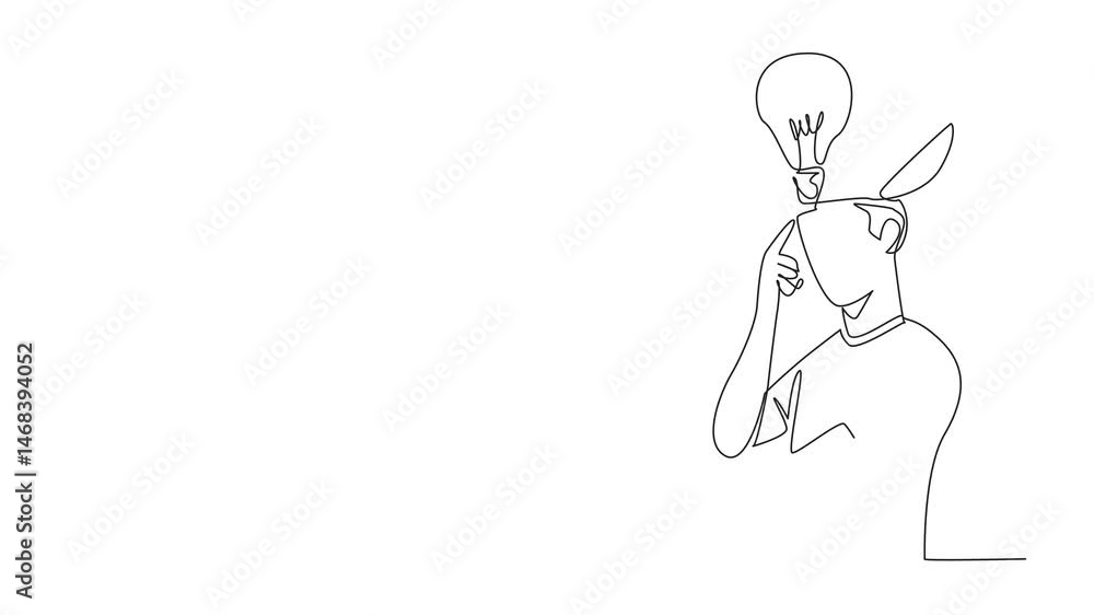 Poster animation of continuous line drawing person deep in thought with a lightbulb hovering above head. cr
