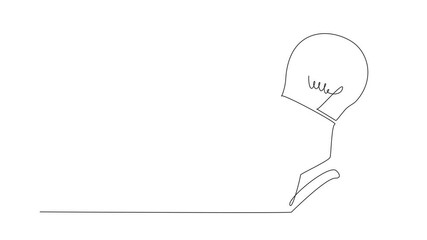 Animation of continuous one line drawing a head has half of its part replaced with a bulb lamp. A mind bursting with ideas. World Thinking Day. Single line self drawing animated. Full length motion