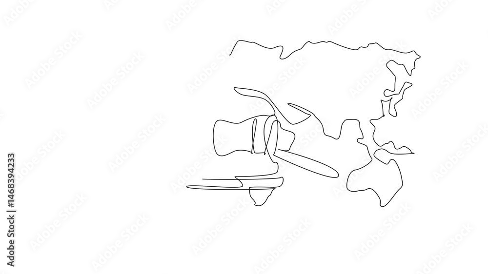 Poster self drawing animation of continuous line drawing gavel and stand with world map background. the imp