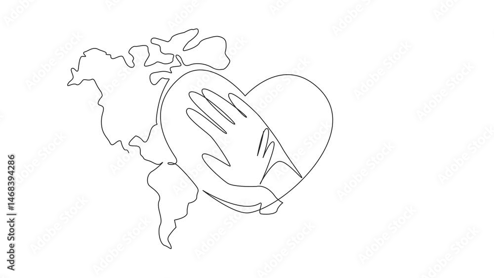 Poster animation of single continuous drawing hands stacked in the middle of a heart shape on a world map b