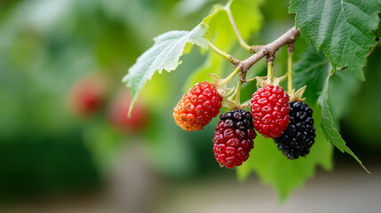 Vibrant mulberry tree branch with clusters of ripening fruits in nature
