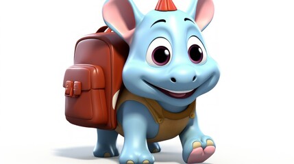 Cartoon Dino with Backpack, Ready for School, White Background