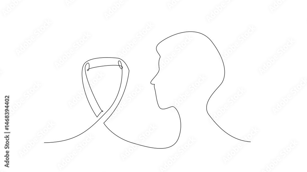 Poster self drawing animation of continuous one line drawing a profile with ribbon flowing into it. connect