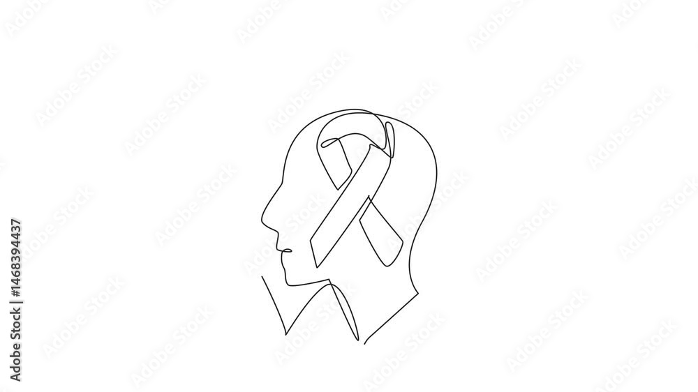 Aufkleber self drawing animation of single line drawing three overlapping profiles, with a ribbon in the cente