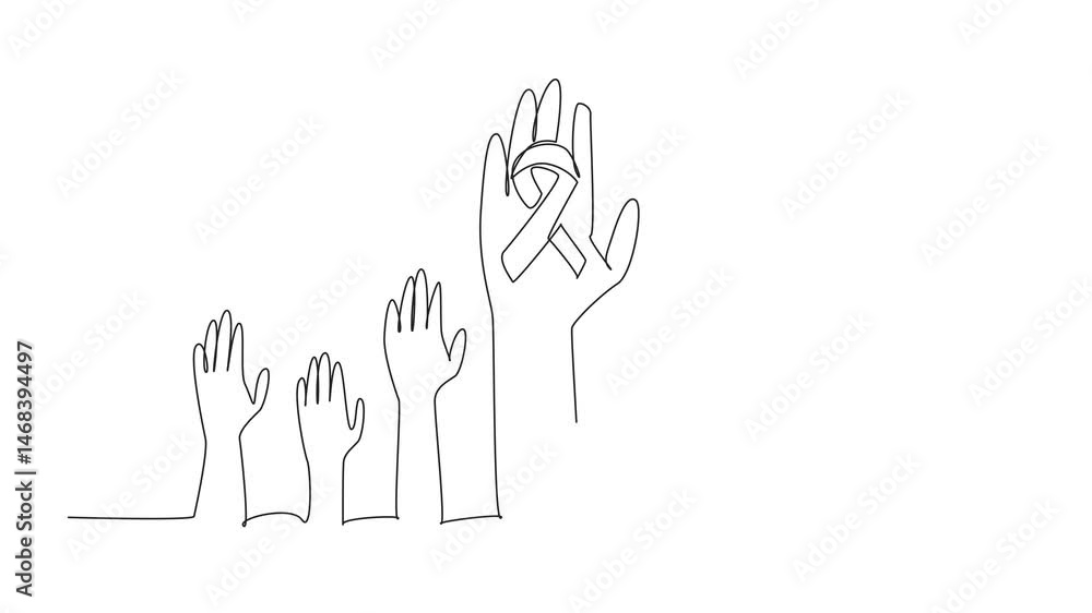 Poster animated self drawing of single continuous line drawing seven hands of various sizes raised. collect