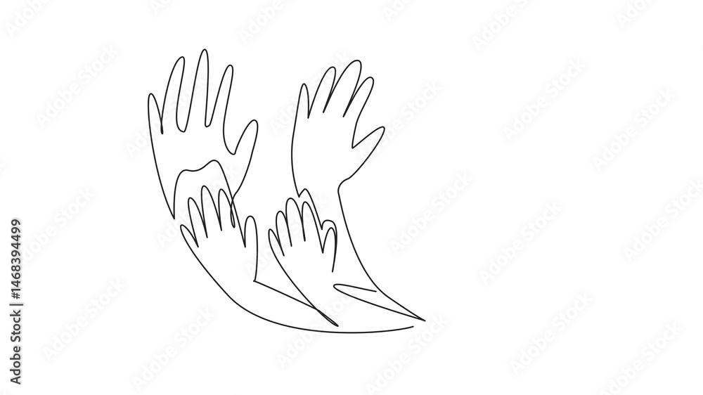 Poster animation of continuous one line drawing seven curved hands in campaign colors. symbolizing unity, h