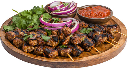 Rustic African wooden platter laden with chargrilled meat cuts, set against a white background. Traditional feast concept
