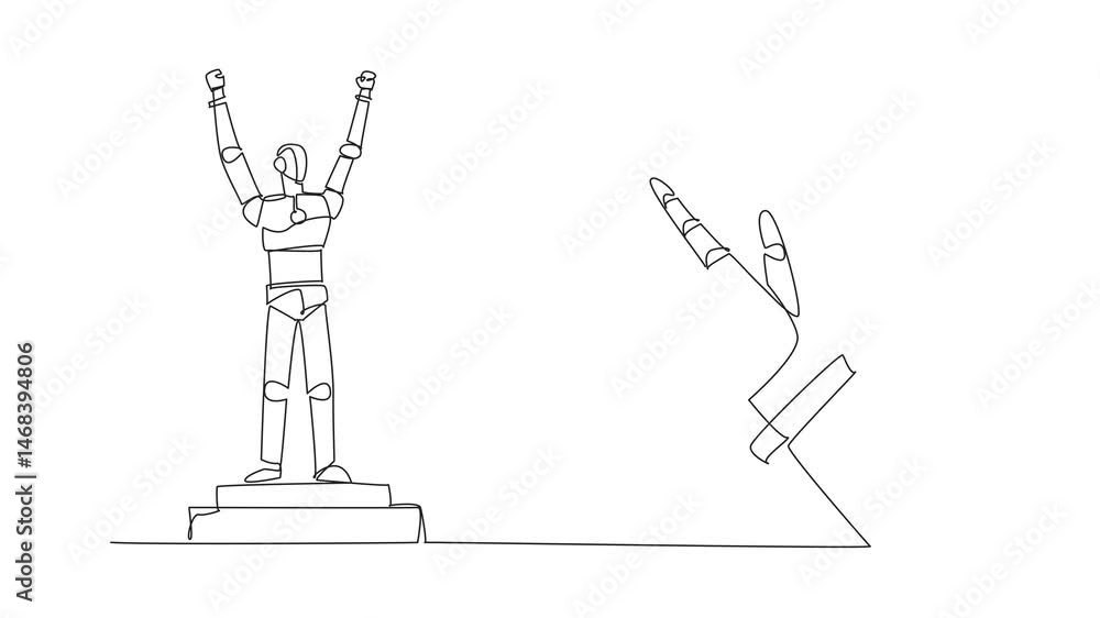 Poster animated self drawing of one line drawing robot standing on the podium of champions. future where ma