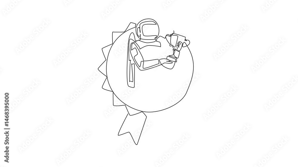 Poster animated self drawing of continuous line drawing astronaut holding trophy. victory over the challeng