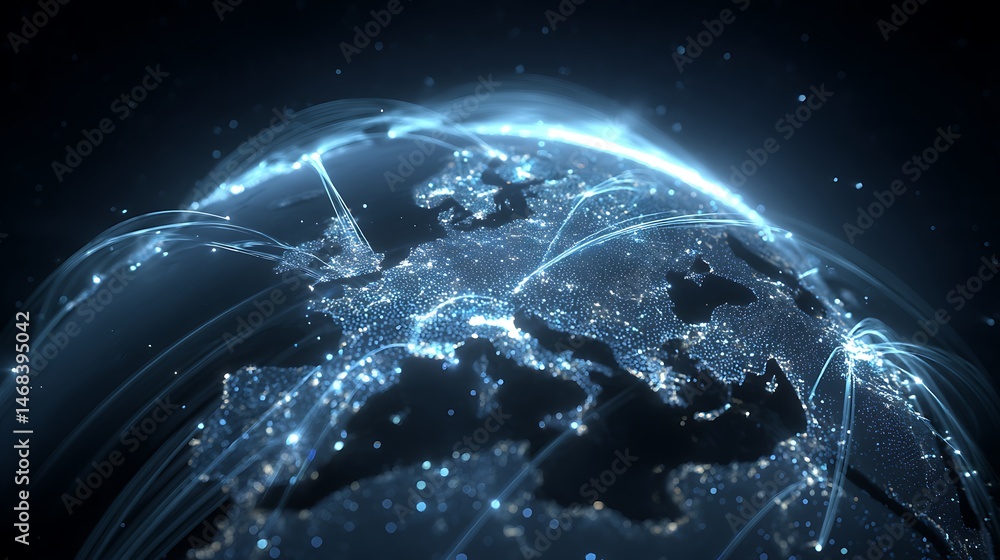 Poster a sleek, futuristic 3d virtual globe with glowing points of light scattered across key global busine
