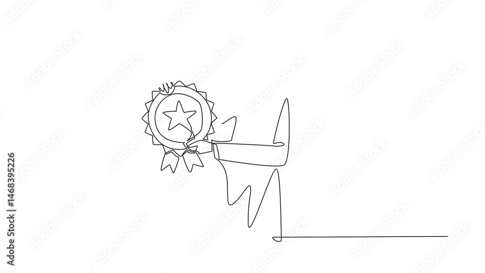Poster self drawing animation of single continuous line drawing arabian man holding medal emblem. recogniti