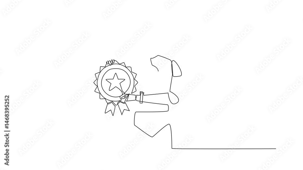 Poster animation of single one line drawing artificial intelligence robot holding medal emblem. potential o