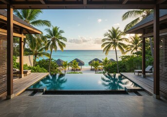 Fototapeta premium View of tropical beach from infinity pool at luxury resort hotel