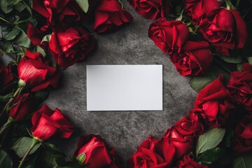 Blank card encircled by vibrant red roses