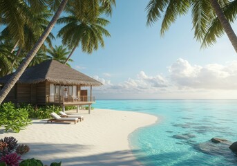 Bungalow on tropical beach with palm trees and turquoise water
