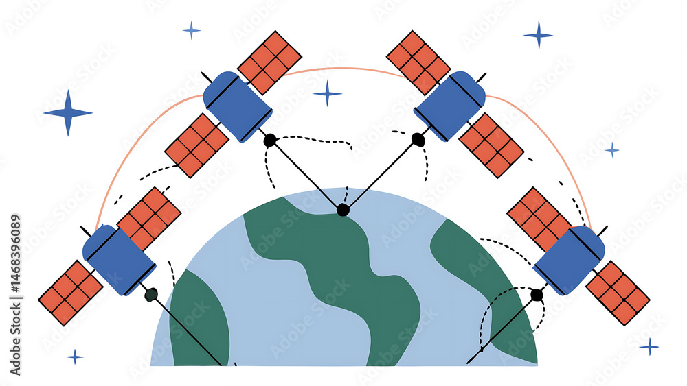 Aufkleber many satellites flying over earth as seen from the space they connect and cover planet with digitali